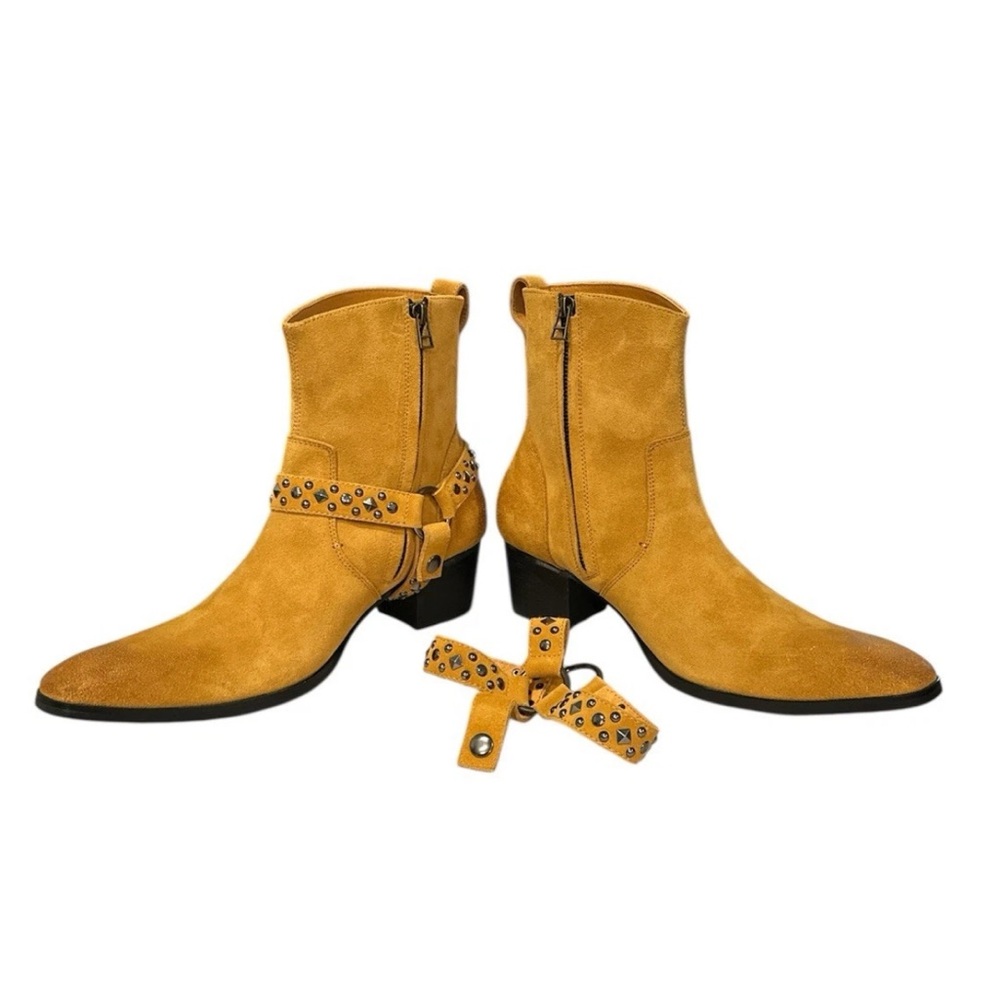 OSSTONE JY002 Mens Leather Zip Ankle Boots Size 9.5 Removable Straps Wheat NWOT